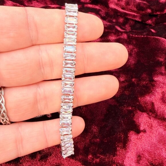 Slider Tennis Bracelet Sterling Overlay Made with Swarovski Baguette Crystals - Picture 16 of 16